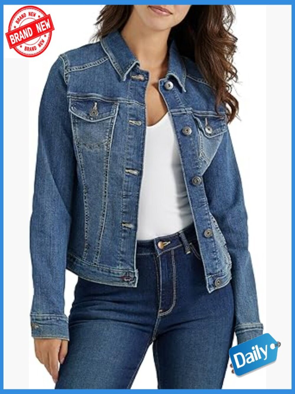 Stretch Denim Jacket Classic Button Closure Flap Pockets Long Sleeve
